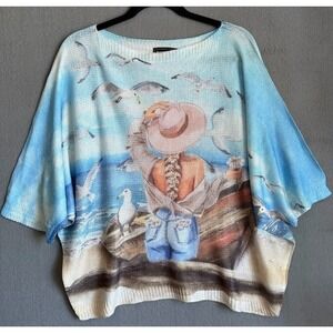 Flora Ashley Women Sweater Size XL  Blue Print Boat‎ Neck 3/4 Sleeve Knit Casual